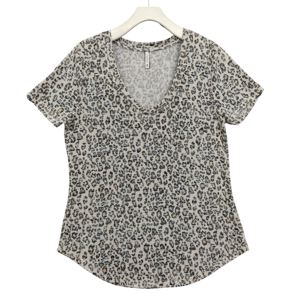 Z SUPPLY Women Indie Boho Leopard Neutral Knit T-Shirt M Gray VNeck Short Sleeve